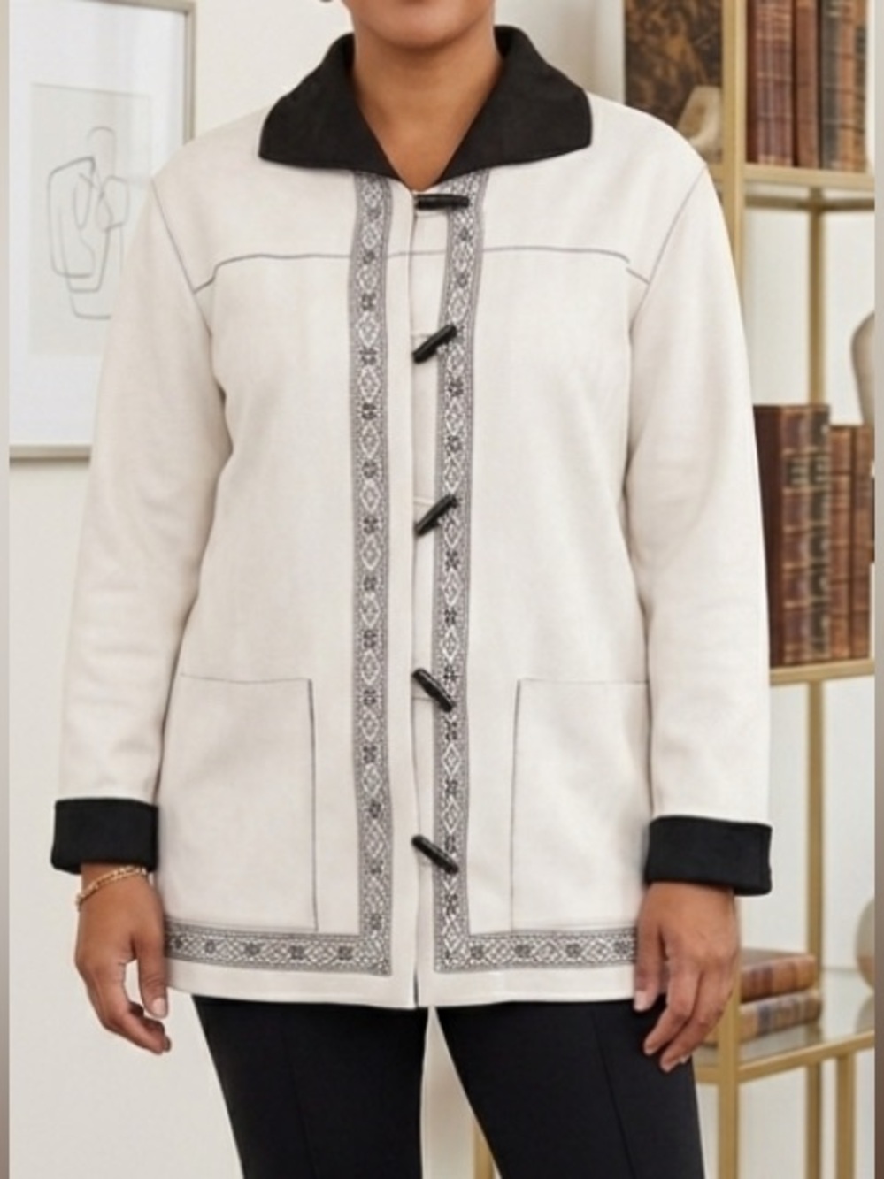 Ivory Embroidered Toggle Coat with Black Trim
